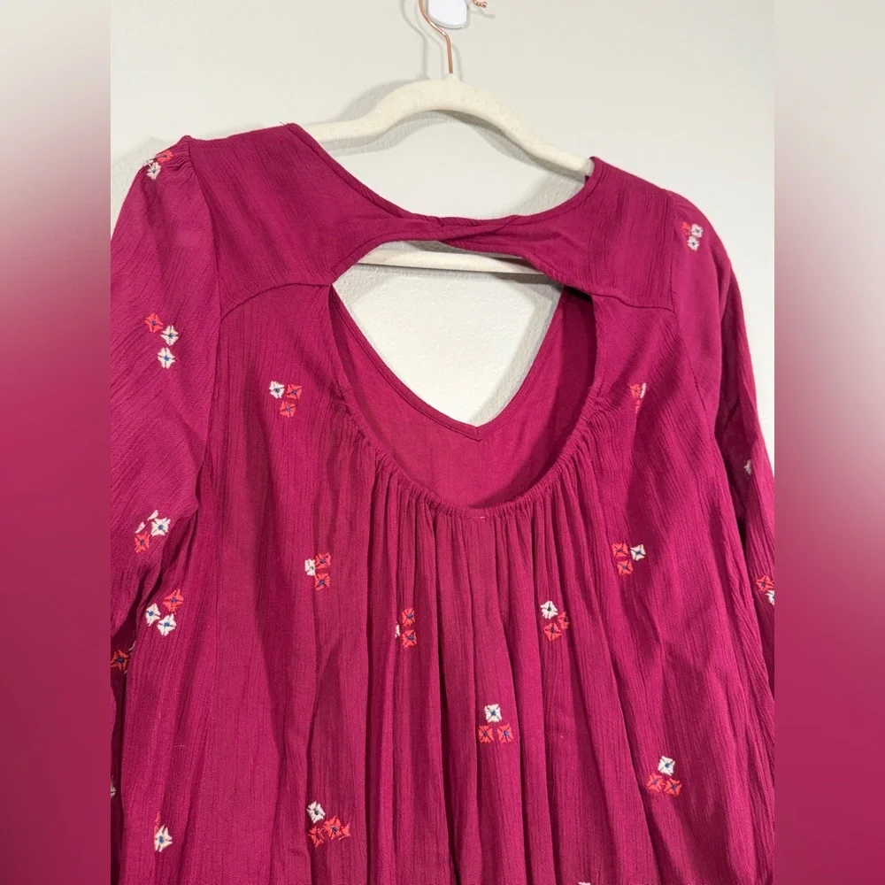 Free People Dress Burgundy Backless Embroidery Floral Long Sleeve Pocket Women M - Picture 10 of 10
